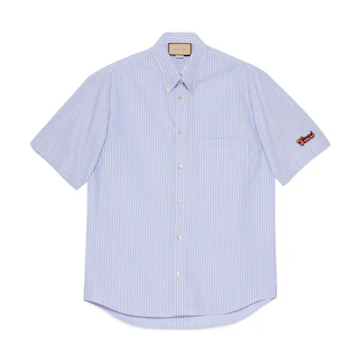 Gucci Blue SS23 Stripe Logo Embroidered Casual Short Sleeve Shirt 672703-ZAL2C-4900