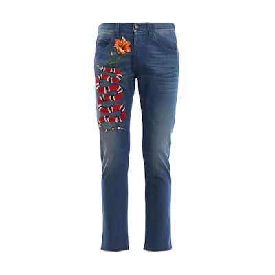 Gucci Blue Straight-Leg Jeans with Animal Floral Print 430356-XR190-4571