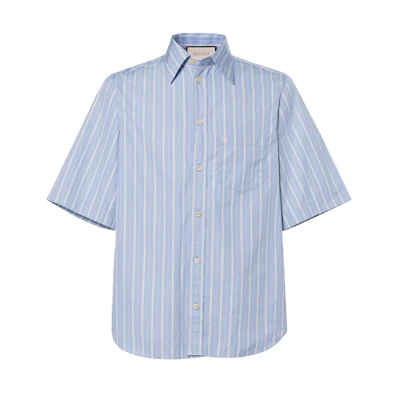 Gucci Blue Striped Cotton Button-Up Square Short Sleeve Shirt 699128-ZAJT4-4047