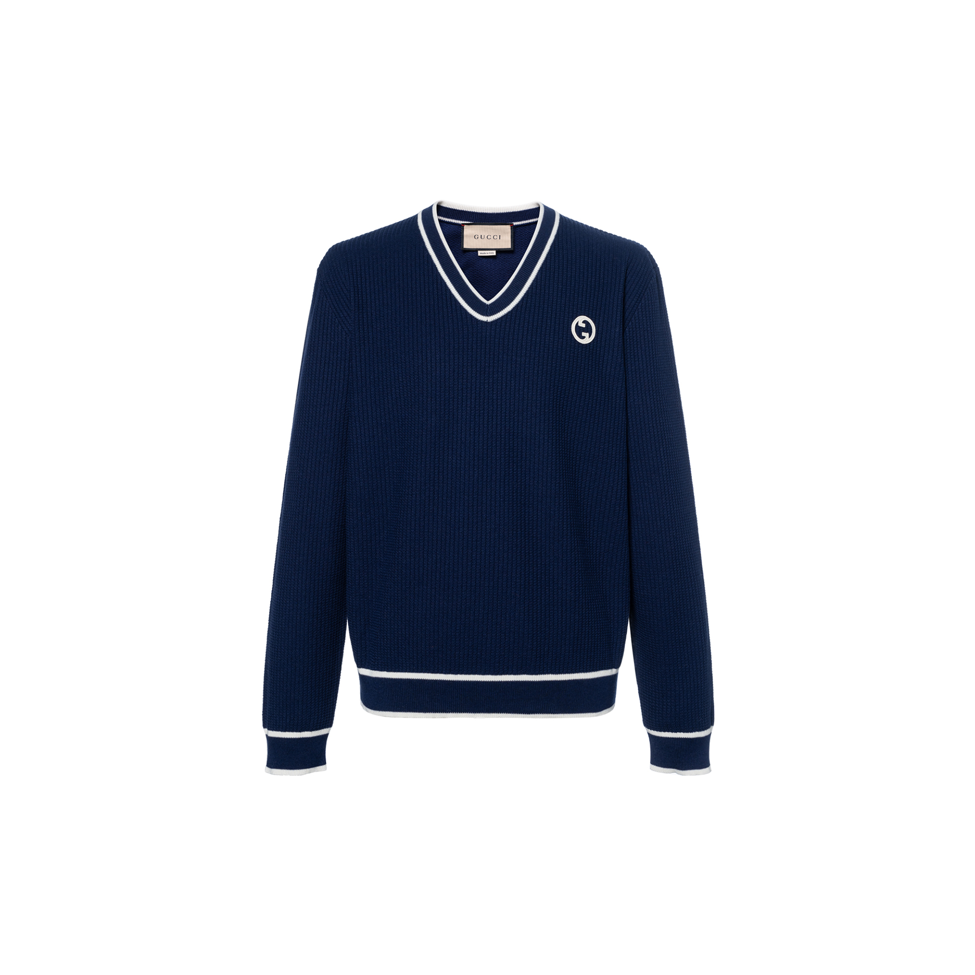 Gucci Blue Striped Logo V-Neck Knit Sweater SS23 740655-XKC6M-4492