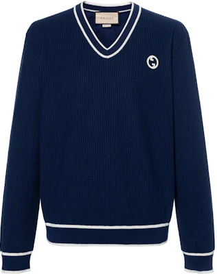 古驰蓝色条纹标志V领针织毛衣 SS23 740655-XKC6M-4492 Buy 古驰蓝色条纹标志V领针织毛衣 SS23 740655-XKC6M-4492