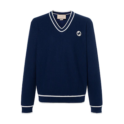 Gucci Blue Striped Logo V-Neck Knit Sweater SS23 740655-XKC6M-4492
