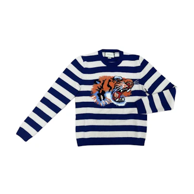Gucci Blue Striped Pullover Sweater with Tiger Head Design 499250-X9I86-4502