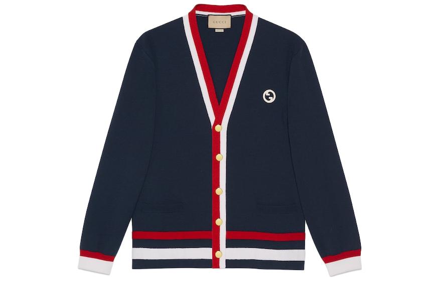 Gucci Blue Striped V-Neck Button-up Loose Knit Sweater 743019-XKDED-4496