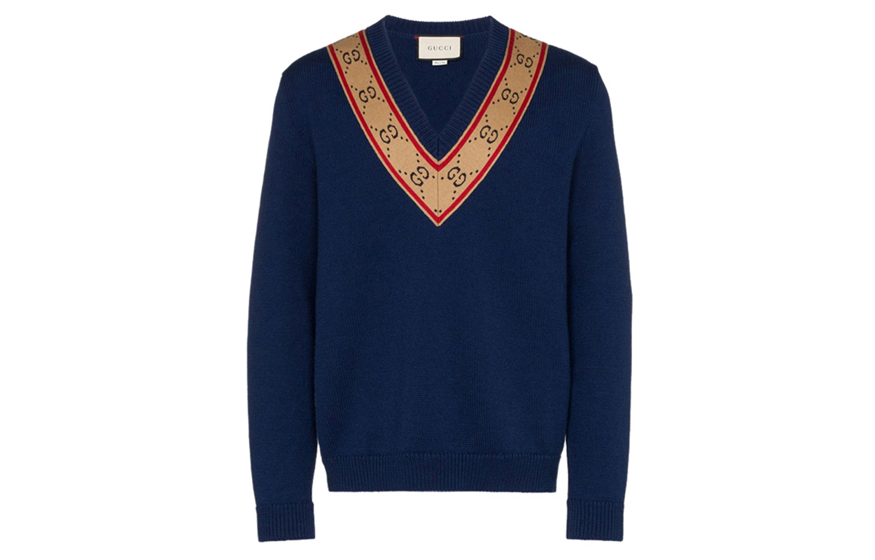 Gucci Blue V-Neck GG Pattern Slim Fit Wool Knit Sweater 577089-XKAU0-4912