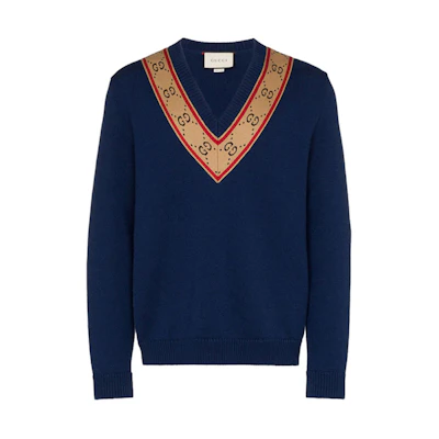 Gucci Blue V-Neck GG Pattern Slim Fit Wool Knit Sweater 577089-XKAU0-4912