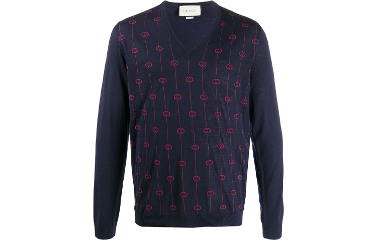 Gucci Blue V-Neck Sweater with Logo Embroidery 576902-XKAUM-4542