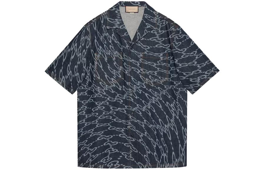 Gucci Blue Wave Shaped GG Laser Printed Denim Shirt Short Sleeve 782744-XDCWQ-4759