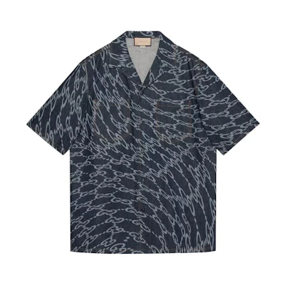 Gucci Blue Wave Shaped GG Laser Printed Denim Shirt Short Sleeve 782744-XDCWQ-4759