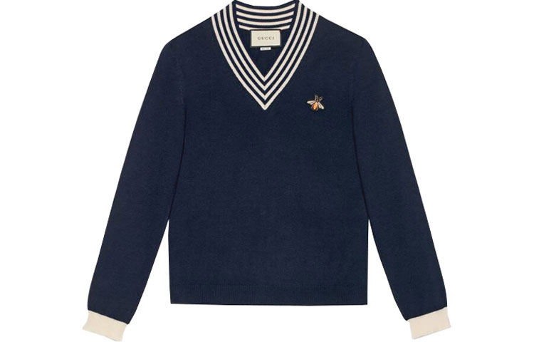 Gucci Blue Wool Knit Sweater with Bee Pattern V-Neck 496442-X9I00-4650
