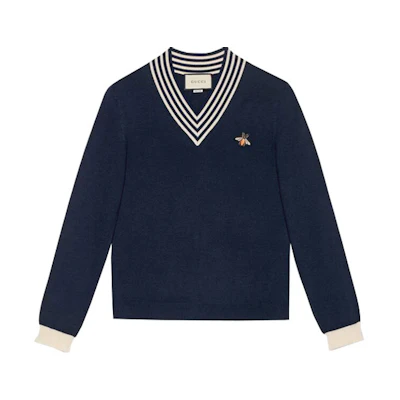 Gucci Blue Wool Knit Sweater with Bee Pattern V-Neck 496442-X9I00-4650