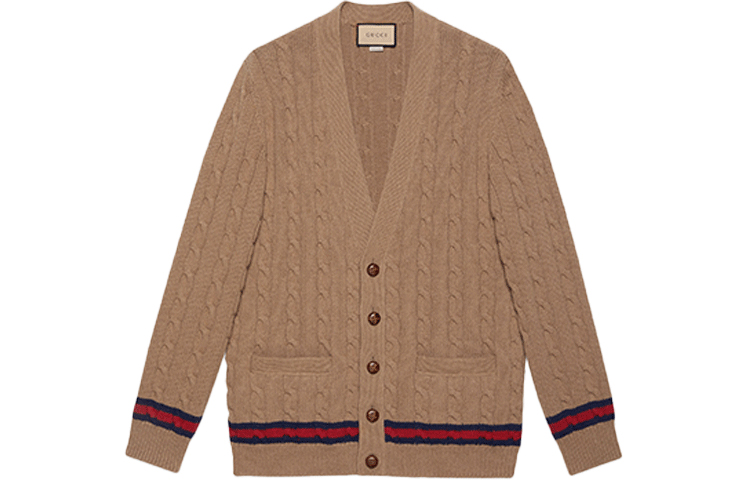 Gucci Brown Cable Knit Cashmere Jumper with Stripes 673487-XKB2N-8011