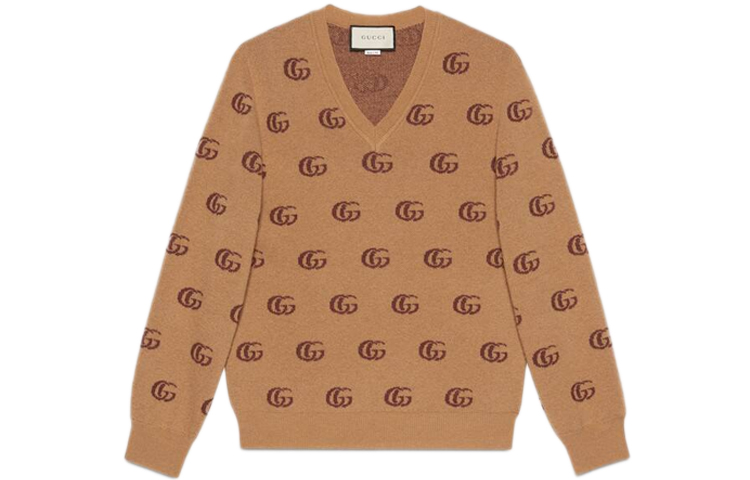 Gucci Brown Double G Jacquard Wool V-Neck Sweater 645292-XKBPF-8011