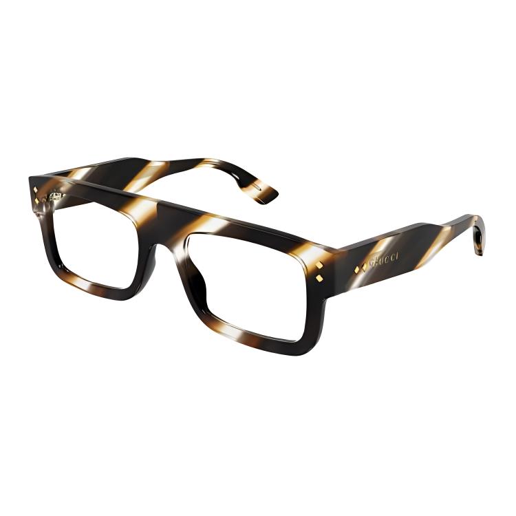 GUCCI Brown Irregular Acetate Optical Frame Glasses with Lettering for Men. GG1085O002