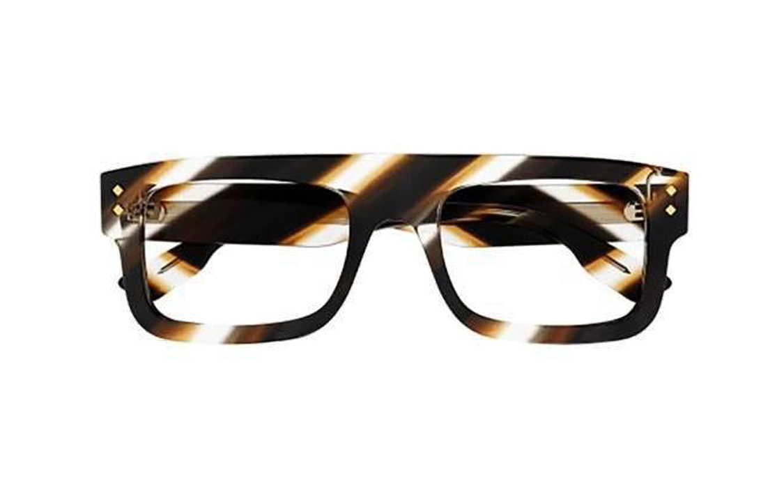 Lookbook 구찌 브라운 남성용 각진 아세테이트 안경테 렌즈 레터링 포함. GG1085O002