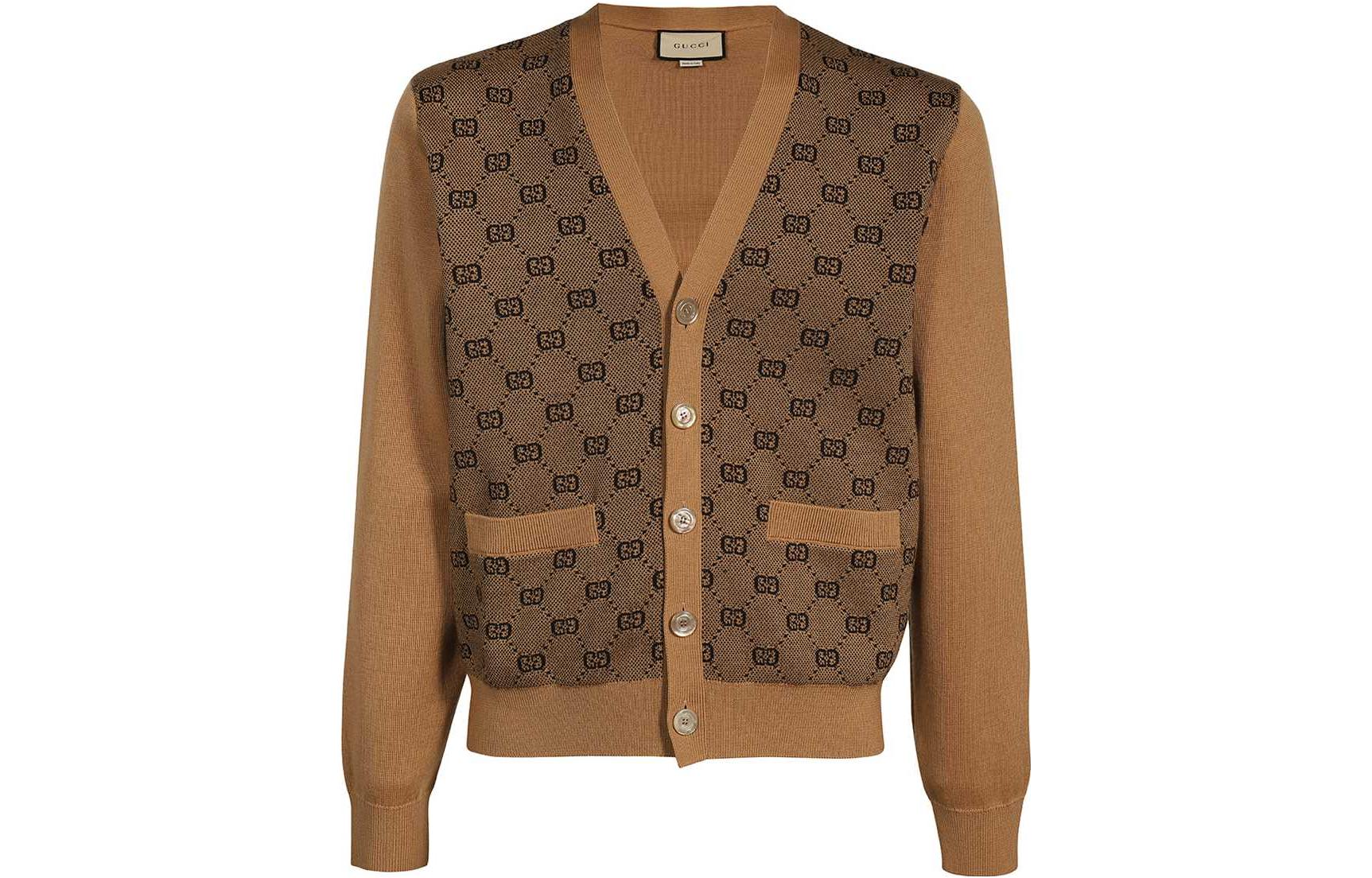 Gucci Brown Patterned V-Neck Button-Up Sweater SS23 Collection 716148-XKCLO-2668