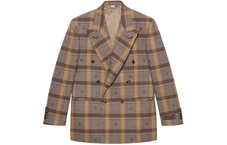 Buy 古驰棕色格纹双排扣长袖西装外套 675837-ZAHLM-2006