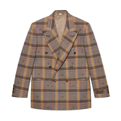 Gucci Brown Plaid Double-Breasted Long Sleeve Blazer 675837-ZAHLM-2006