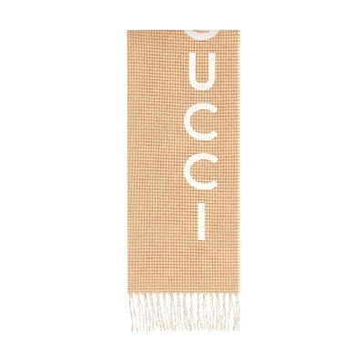 GUCCI Brown Wool Tassel Scarf with Logo Decor for Men and Women. 764268-3GB02-9878