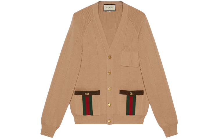 Gucci Camel Wool Blend Cardigan Sweater with Web Detail 626349-XKBFJ-2184