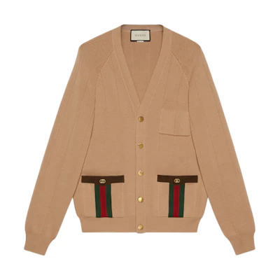 Gucci Camel Wool Blend Cardigan Sweater with Web Detail 626349-XKBFJ-2184