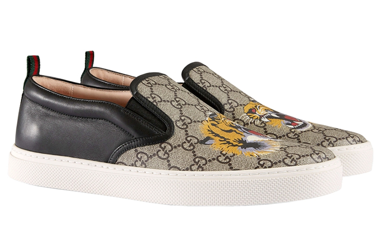 Lookbook GUCCI 古奇 虎頭圖樣Logo 時尚休閒帆布鞋 棕色