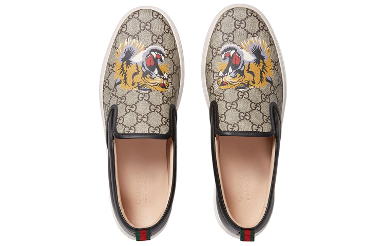 Shop GUCCI 古奇 虎頭圖樣Logo 時尚休閒帆布鞋 棕色