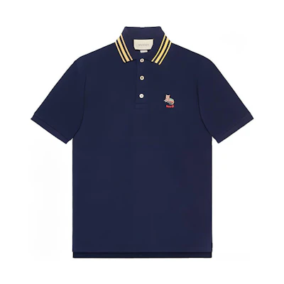 GUCCI Cat Patch Polo Shirt with Striped Trim Blue Fashion 636403-XJCXW-4535