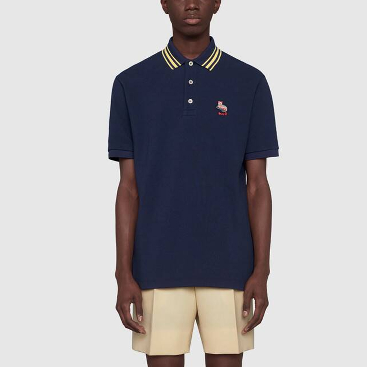 GUCCI Cat Patch Polo Shirt with Striped Trim Blue Fashion 636403-XJCXW-4535 圖 4