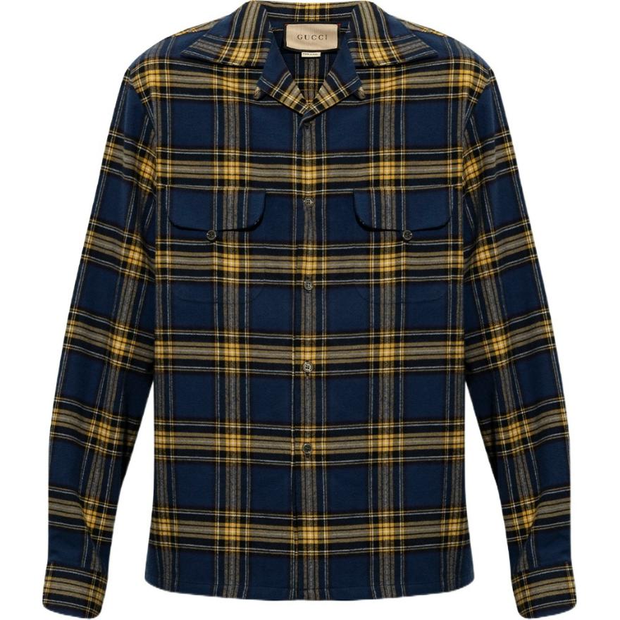 Gucci Check Detail Single-Breasted Long-Sleeve Shirt Blue for Men 705345-ZAJXS-4009