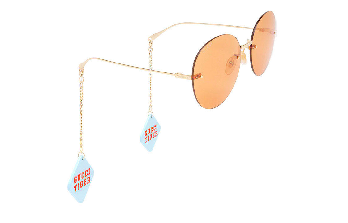 Shop 古驰中国吊坠圆形金属太阳镜 金色男女通用款 GG1149S007