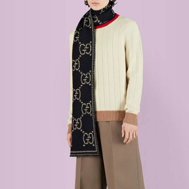 GUCCI Classic GG Monogram Knit Scarf Unisex Couple Style Black/Navy 660025-4G386-1066 圖 5