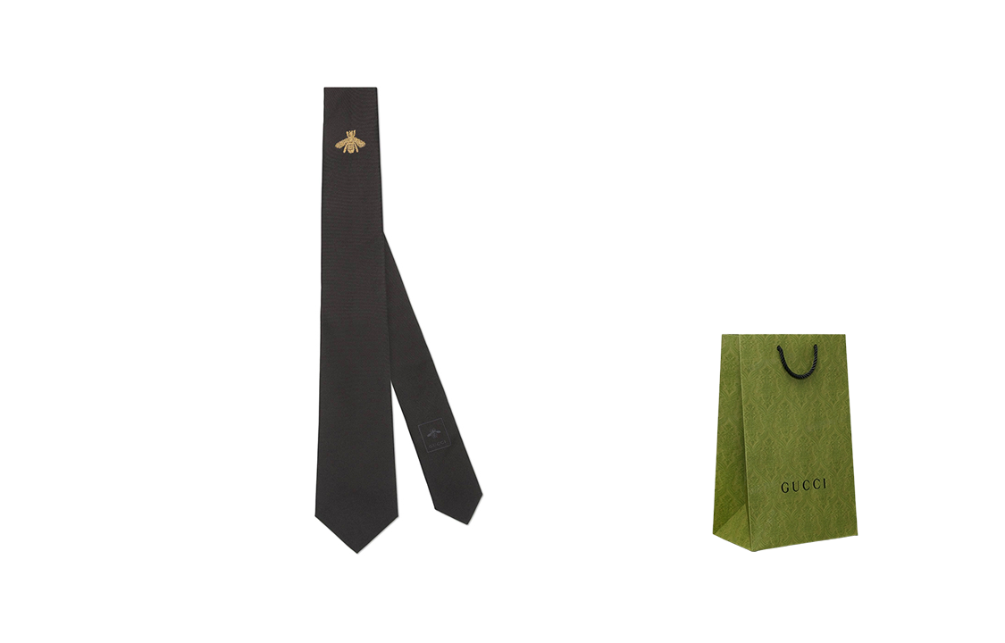 GUCCI Classic Logo Black Silk Tie with Embroidered Bee Design for Men 454658-4E647-1000 圖 7