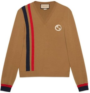 Gucci Sweater Knit V-Leher Warna Blok Tan 750624-XKDED-2183 Buy Gucci Sweater Knit V-Leher Warna Blok Tan 750624-XKDED-2183