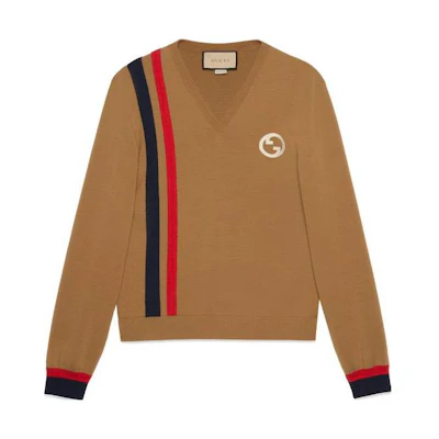 Gucci Colorblock V-Neck Pullover Knit Sweater Tan 750624-XKDED-2183
