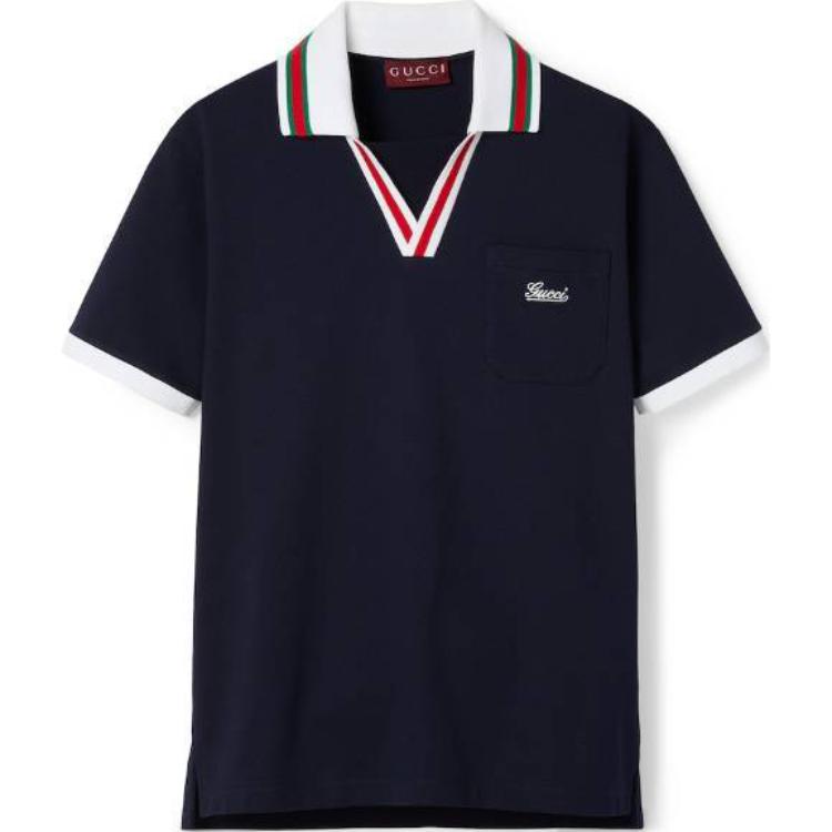 Gucci Cotton Piquet Polo Shirt in Dark Blue with Logo Collar 737667-XJGKV-4560