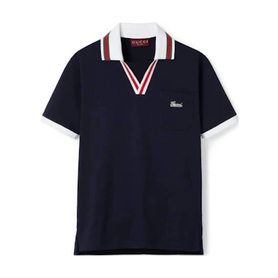 Gucci Cotton Piquet Polo Shirt in Dark Blue with Logo Collar 737667-XJGKV-4560