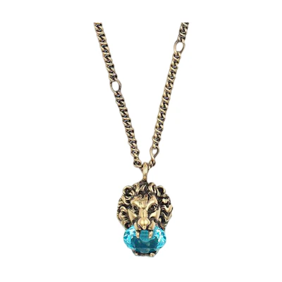 Gucci Crystal Lion Head Aged Gold Necklace-Unisex & Couples Edition. 412885-J1D50-8068