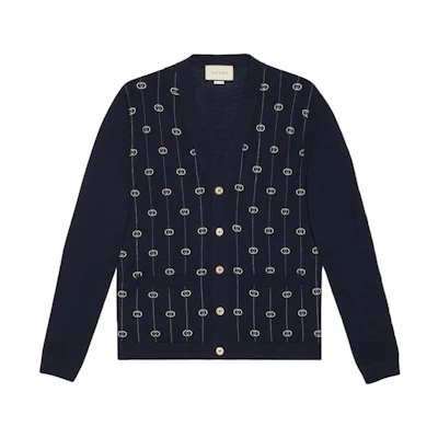 Gucci Deep Blue Double G Embroidered Knit Cardigan Sweater 576901-XKAUM-4650