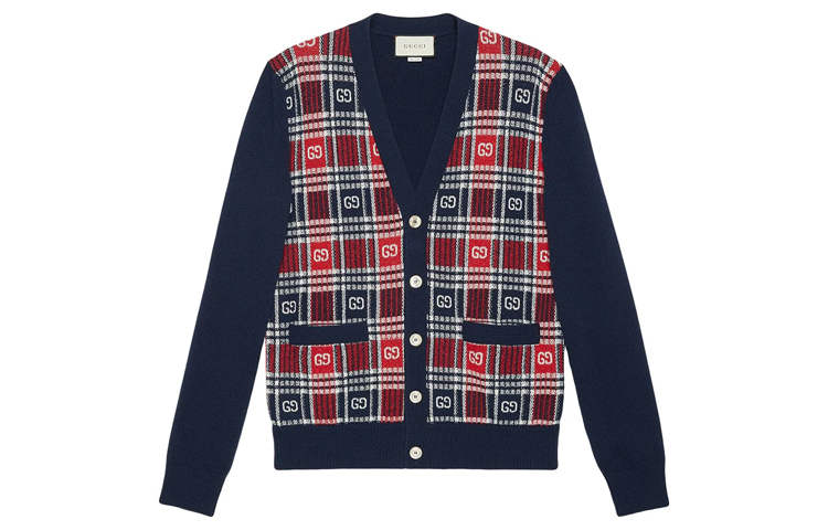 Gucci Deep Blue GG Jacquard Cashmere Wool Cardigan Sweater 577232-XKAUZ-4548