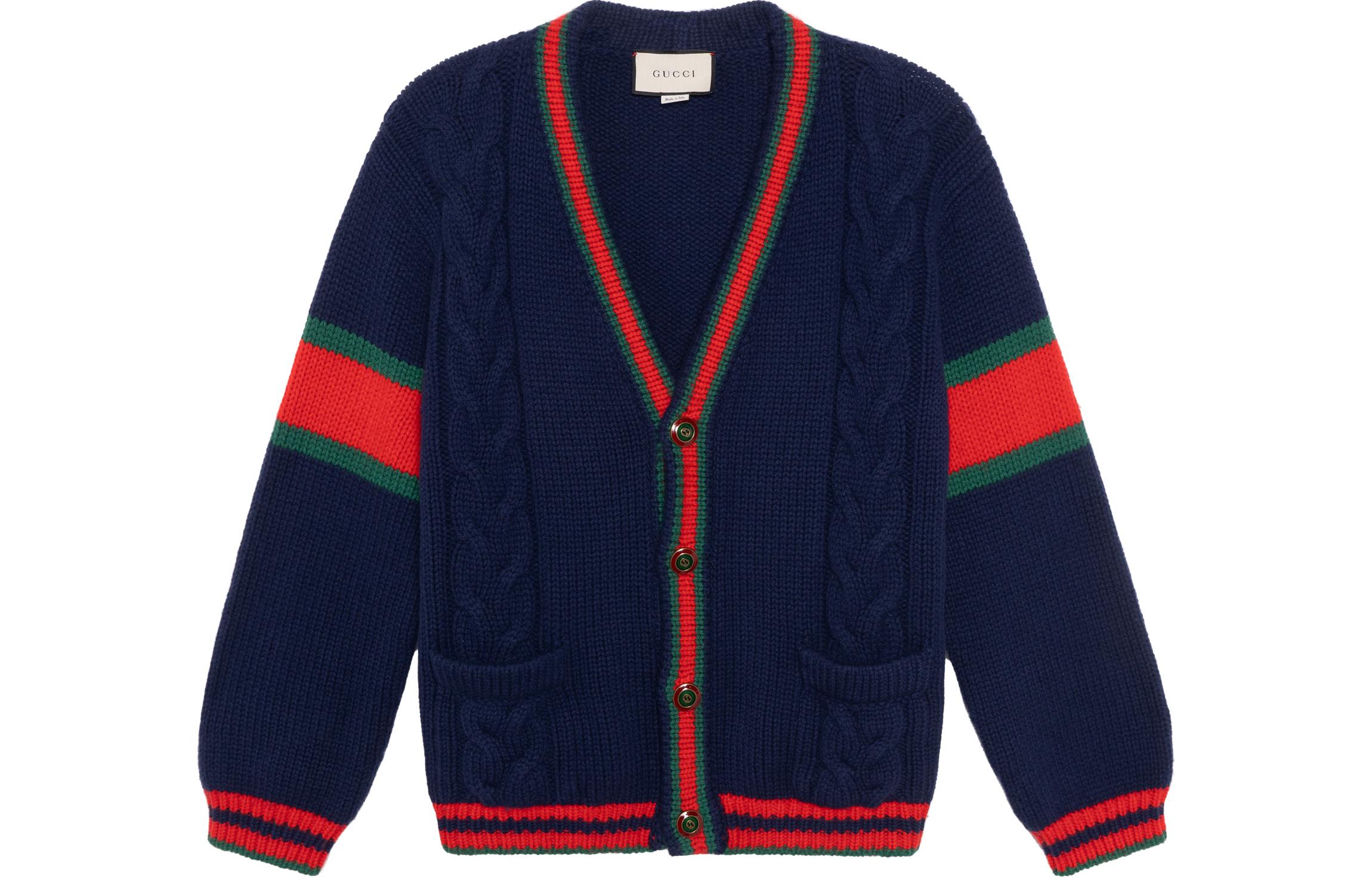 Gucci Deep Blue Textured Knit V-Neck Sweater with Color Blocking 497037-X1561-4352