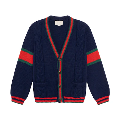 Gucci Deep Blue Textured Knit V-Neck Sweater with Color Blocking 497037-X1561-4352