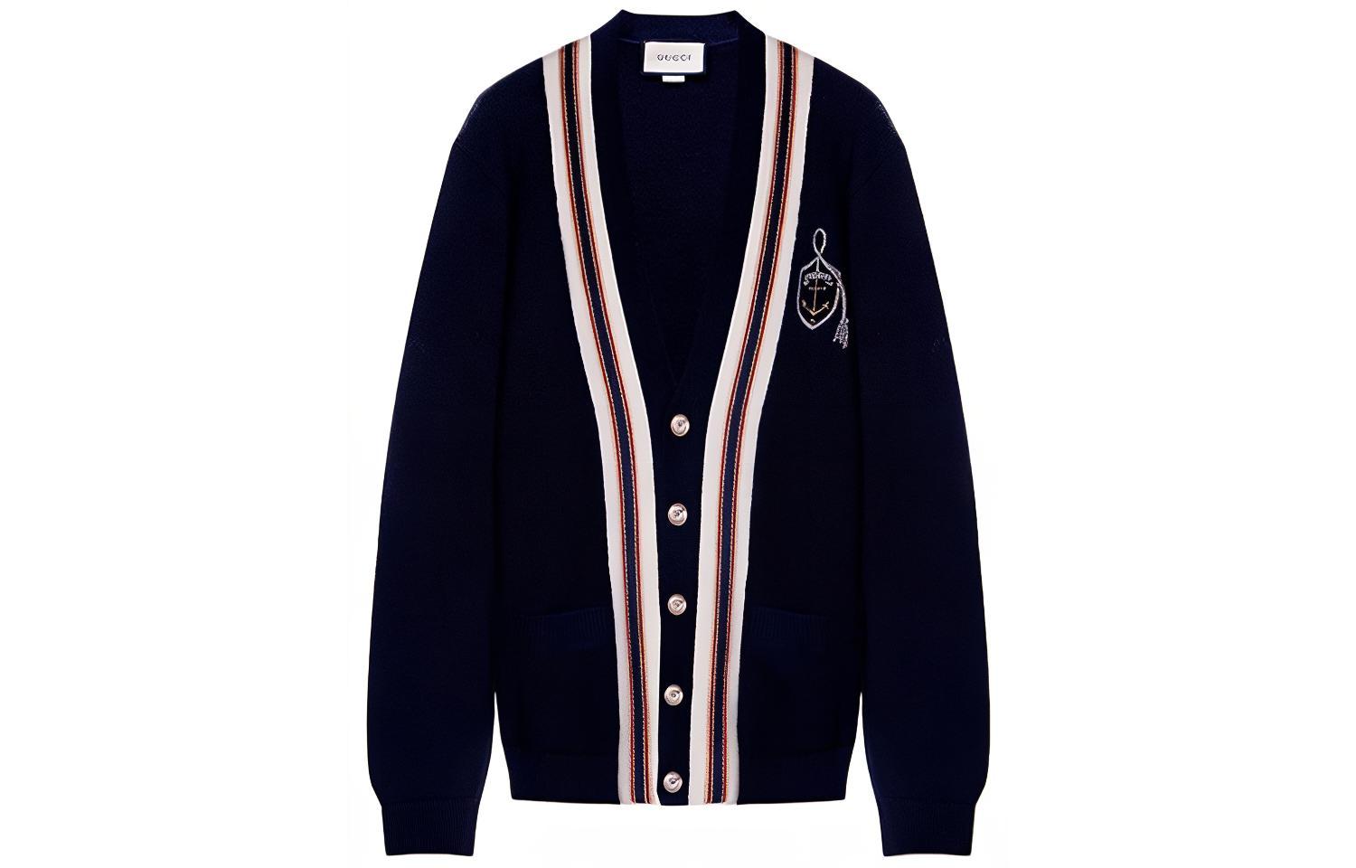 Gucci Deep Blue Wool Cardigan Sweater with Anchor Logo Badge 545764-XKAEA-4548