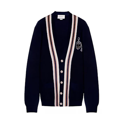 Gucci Deep Blue Wool Cardigan Sweater with Anchor Logo Badge 545764-XKAEA-4548