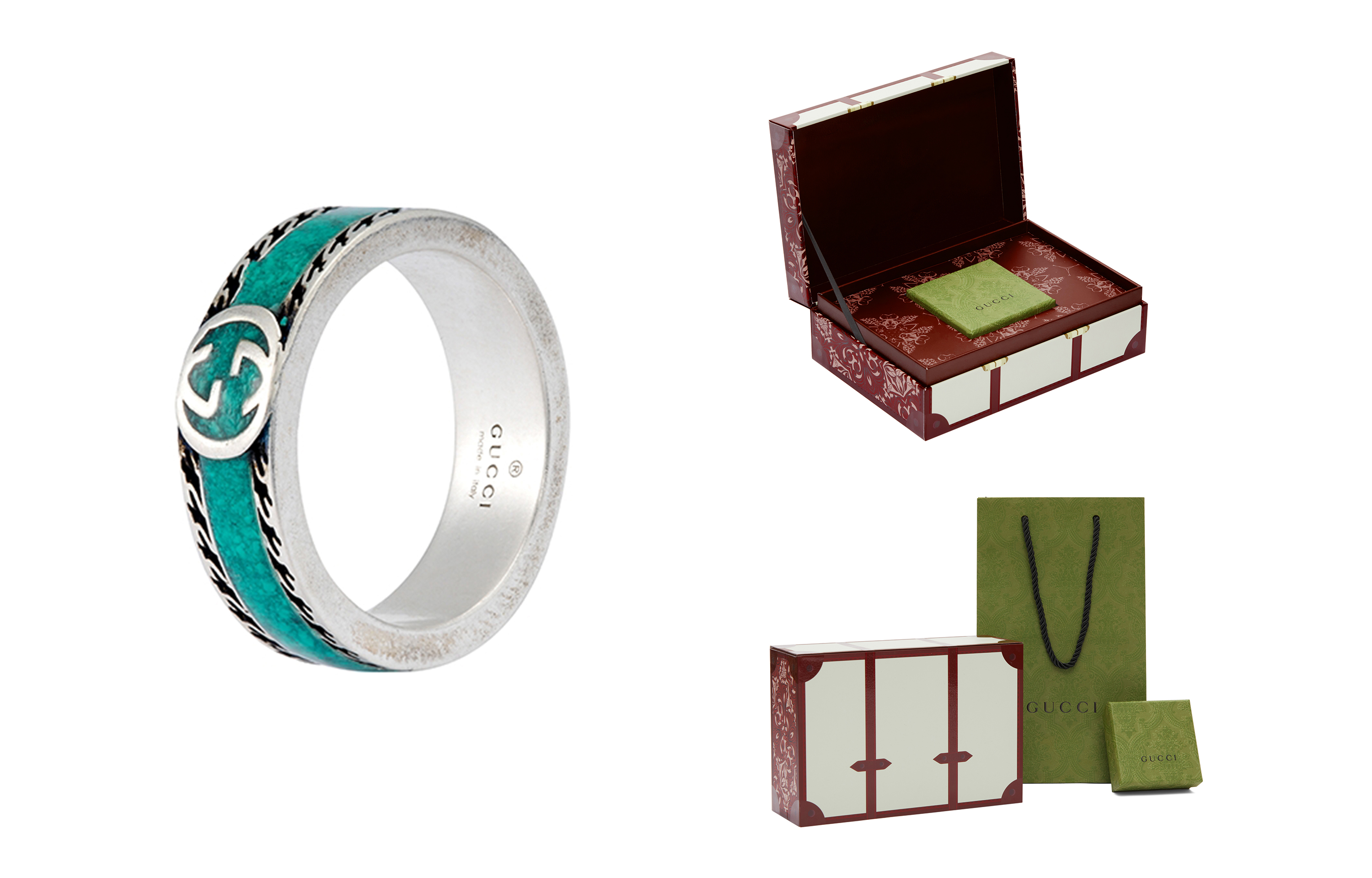 GUCCI Double G Aged 925 Silver Turquoise Enamel Ring Unisex Green 645573-J8410-8136