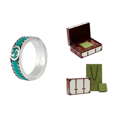 GUCCI Double G Aged 925 Silver Turquoise Enamel Ring Unisex Green 645573-J8410-8136