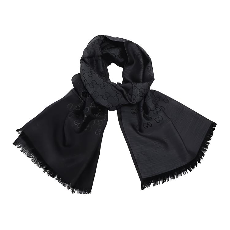 GUCCI Double G Cashmere Silk Fringe Scarf Unisex Dark Charcoal 165903-3G646-1100
