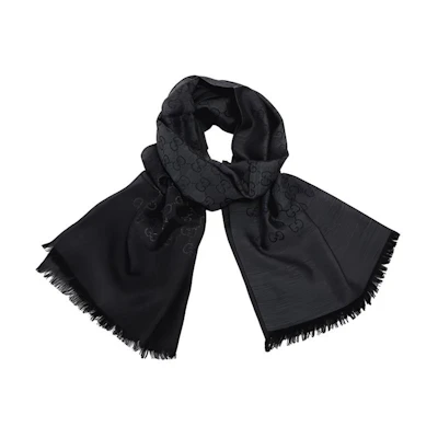 GUCCI Double G Cashmere Silk Fringe Scarf Unisex Dark Charcoal 165903-3G646-1100