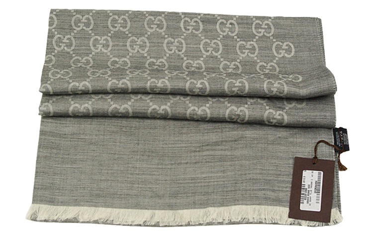 GUCCI Double G Cashmere Silk Print Fringe Scarf Silver Grey 165903-3G646-1400