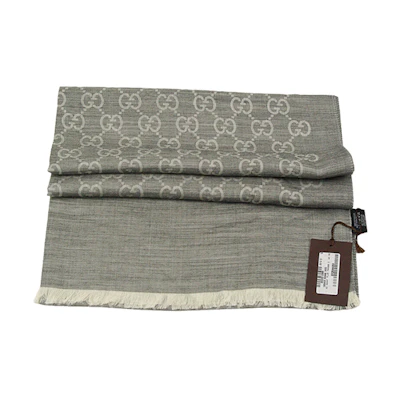GUCCI Double G Cashmere Silk Print Fringe Scarf Silver Grey 165903-3G646-1400
